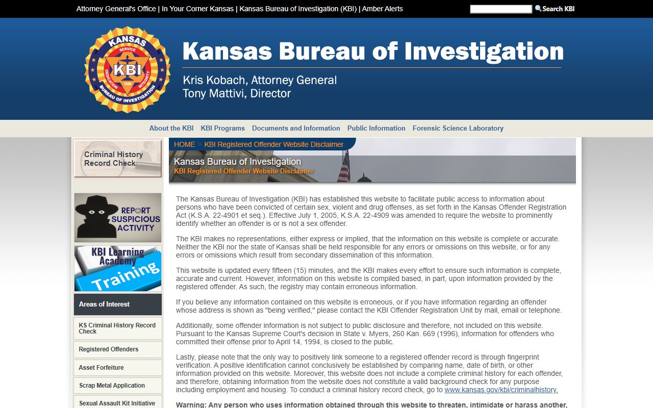 Brown County criminal court records KBI registry access page
