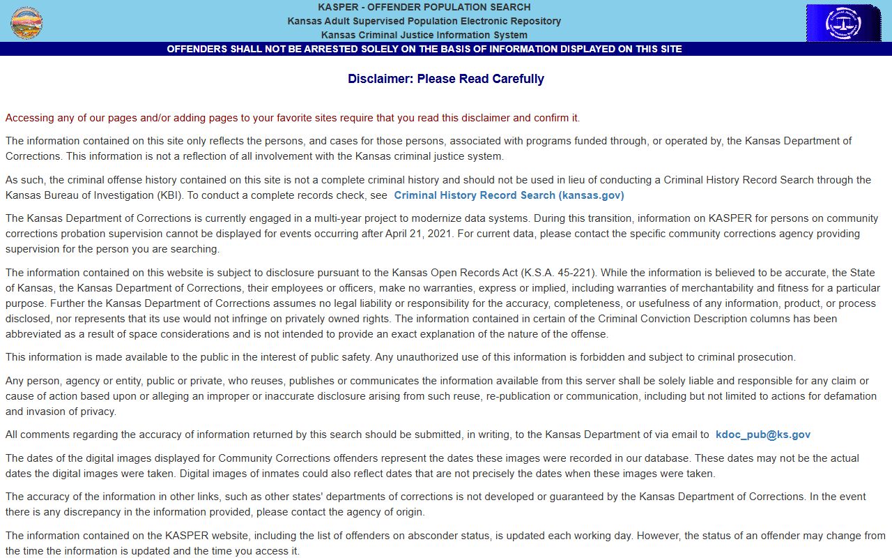 Brown County criminal court records KDOC KASPER offender search disclaimer