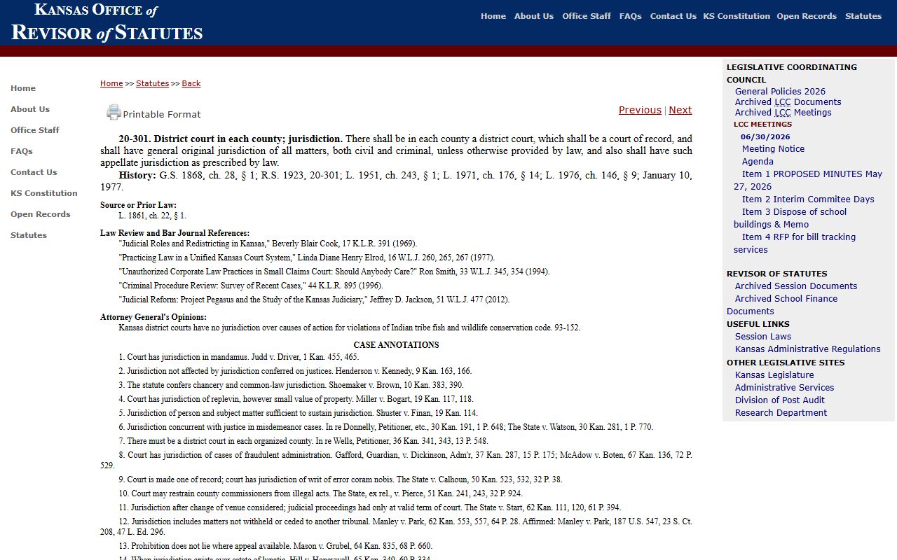 Brown County District Court KSA 20-301 jurisdiction