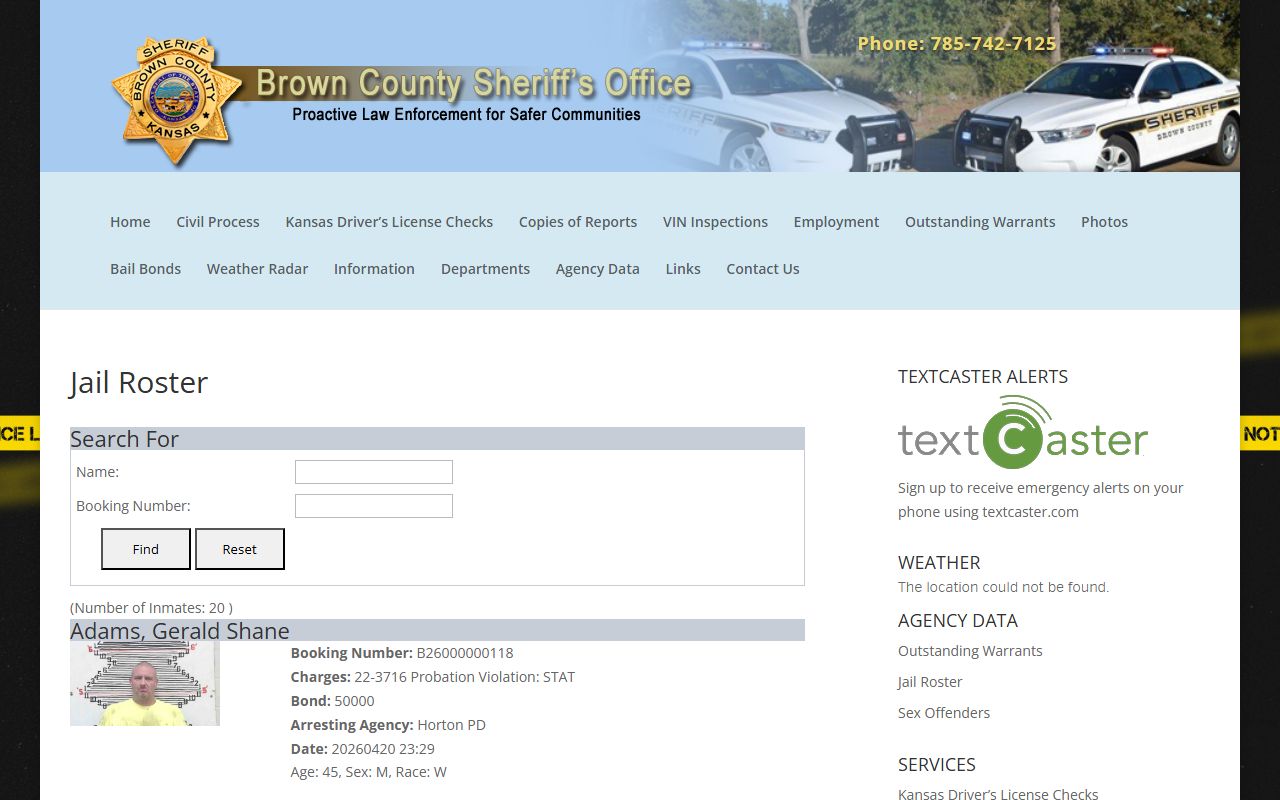 Brown County jail roster search page