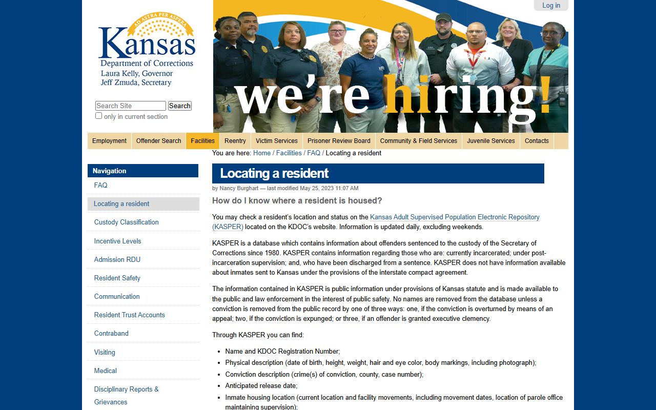 KDOC locating inmate information page