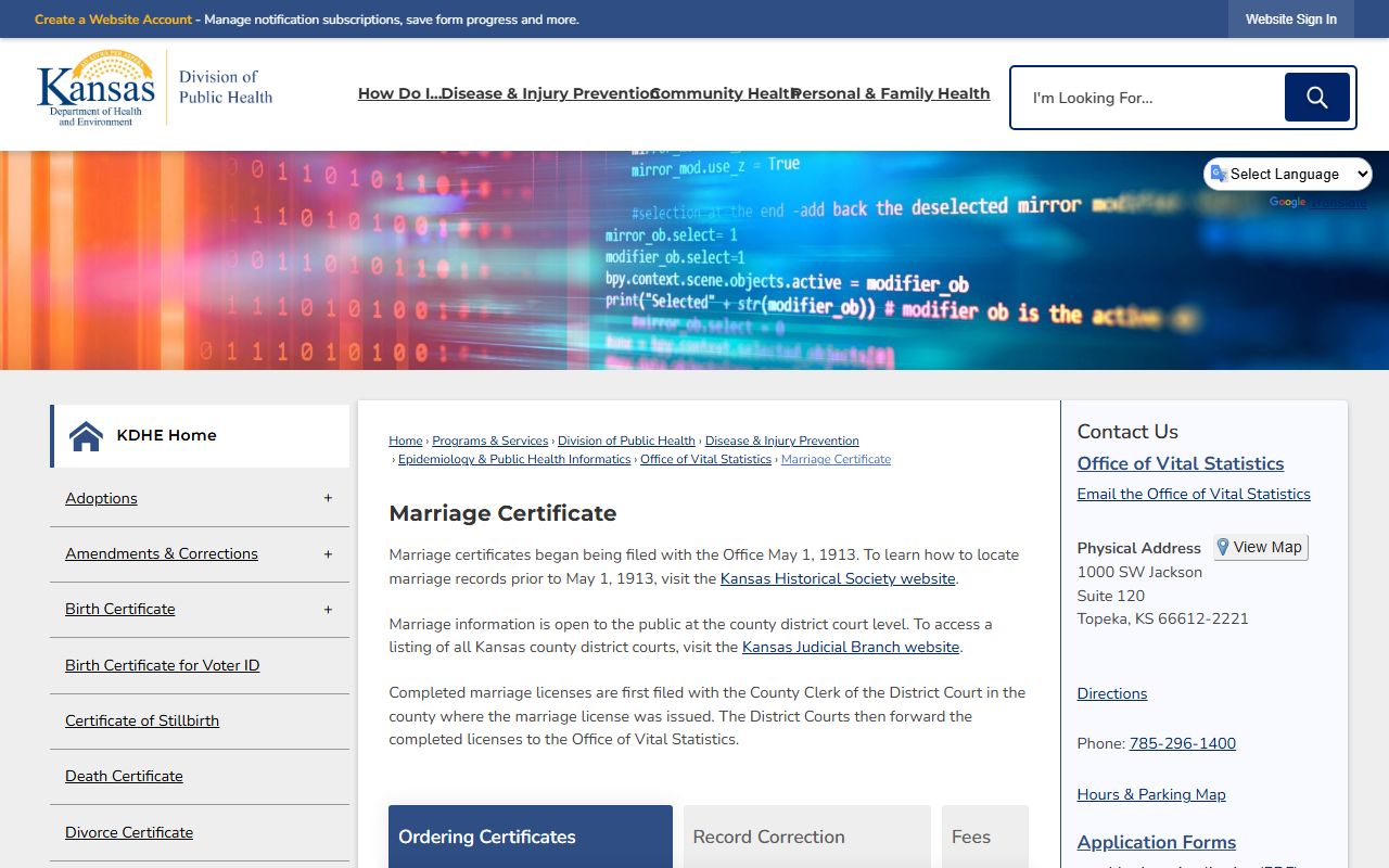 KDHE marriage certificate ordering page