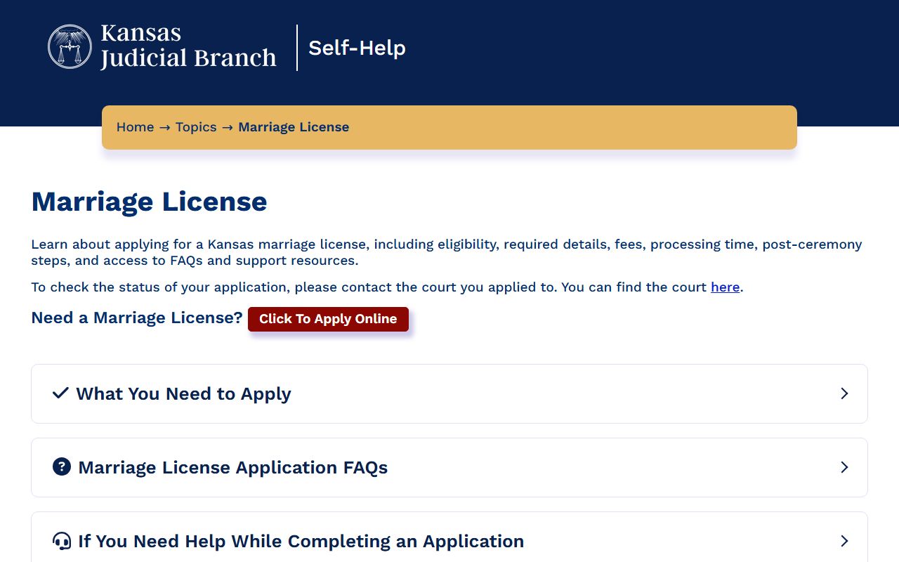 Kansas Judicial Branch marriage license application page