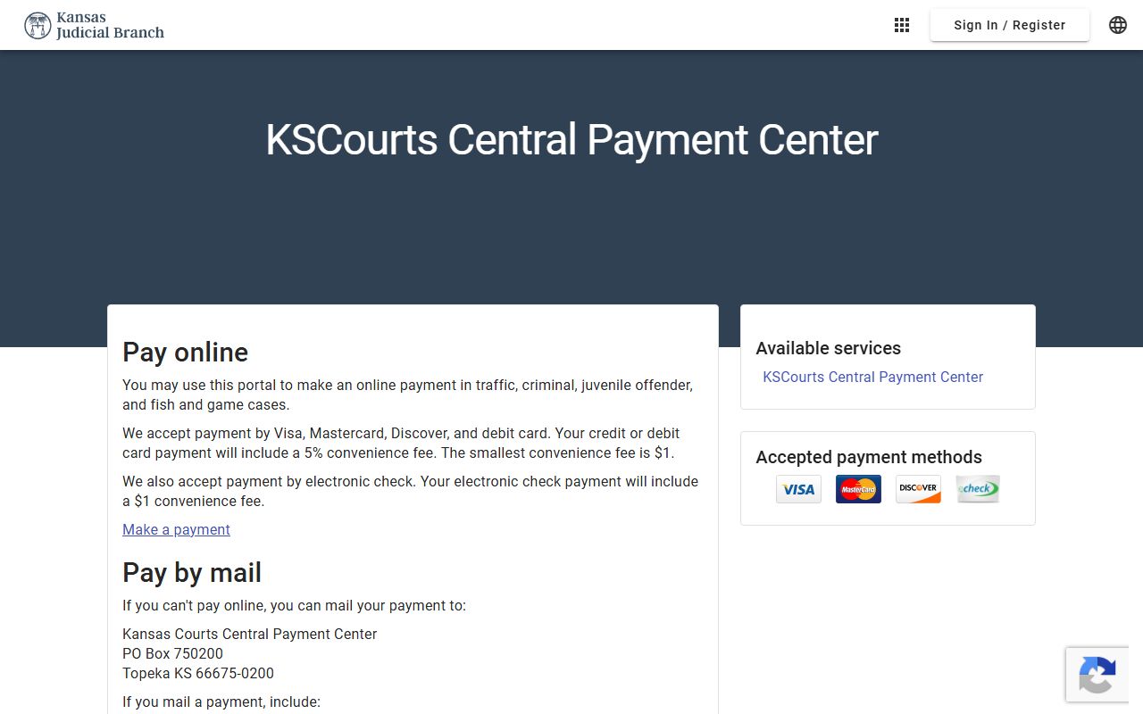 Kansas Courts Central Payment Center traffic payment page