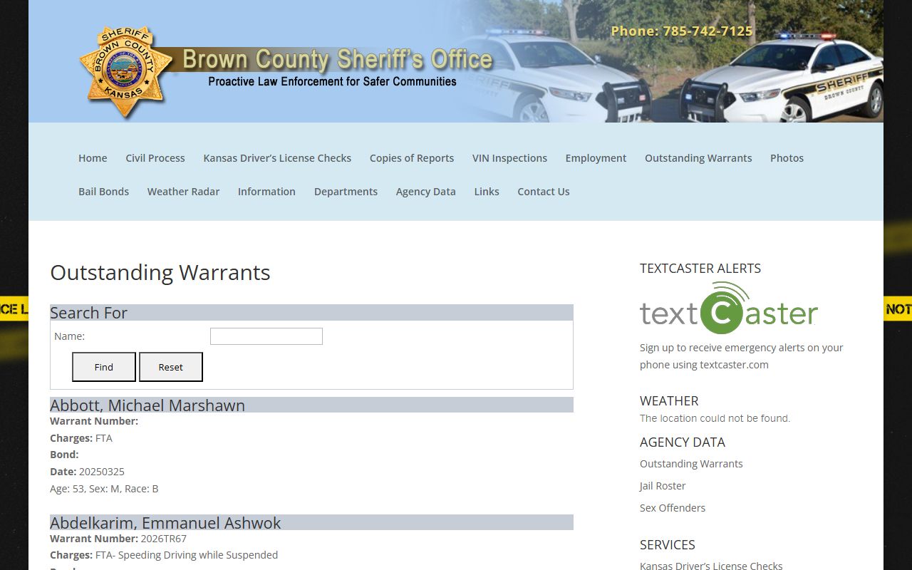 Brown County Sheriff's outstanding warrants page